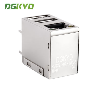 RJ45 connector with dual USB 2.0 socket, no filter, light strip, shielding, stacked network port DGKYDRU22188AB1WDD1080