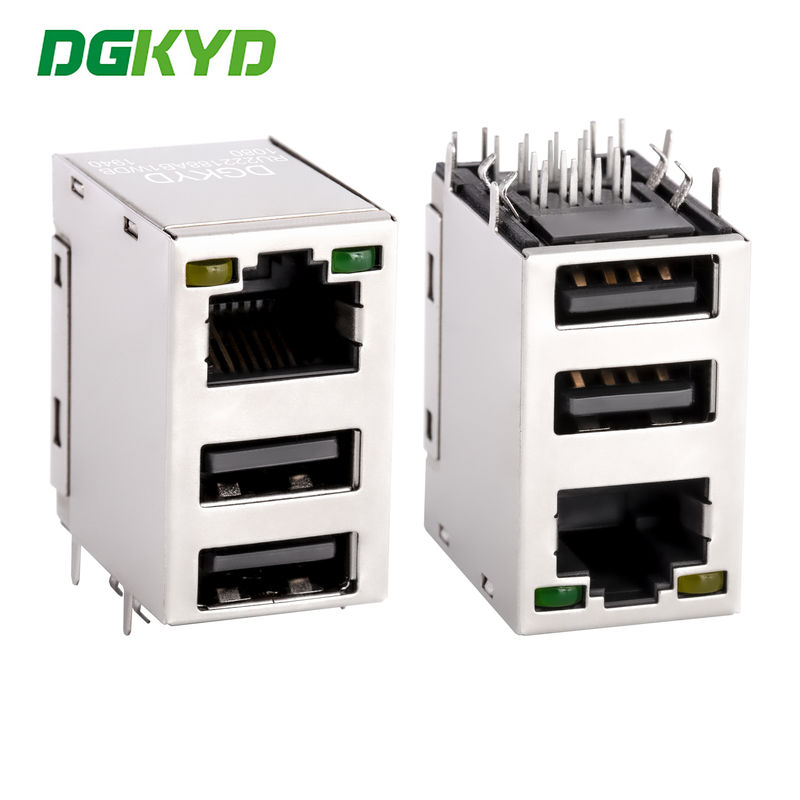 RJ45 connector with dual USB 2.0 socket, no filter, light strip, shielding, stacked network port DGKYDRU22188AB1WDD1080